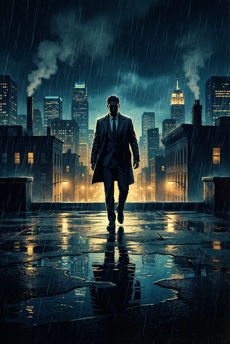 重启之蛇骨佛蜕 出品影片《雨夜独行者》海报，雨中城市屋顶男性剪影